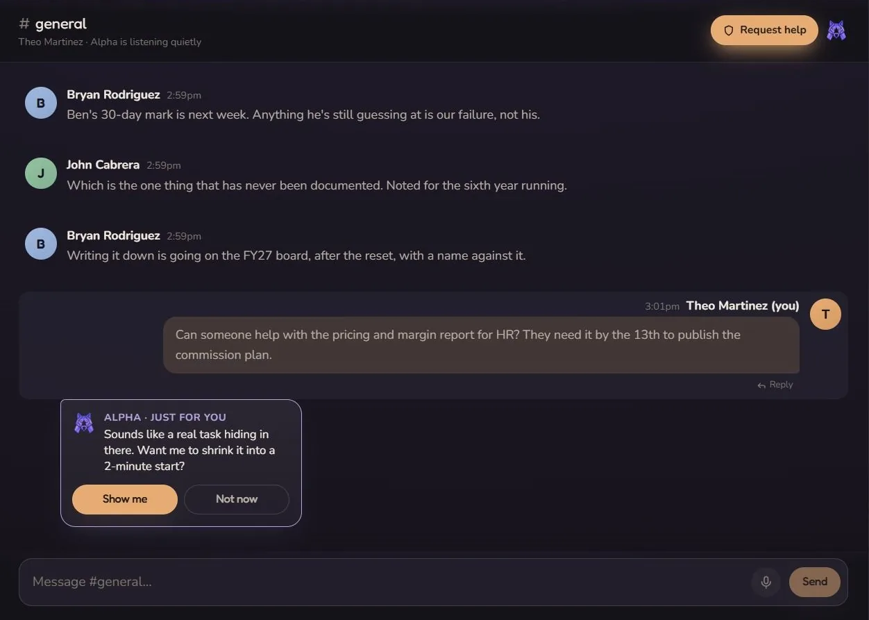 Alpha Lead AI team management tools dashboard showing AI task queue, anonymous blocker flag, and async standup summary for a remote dev team